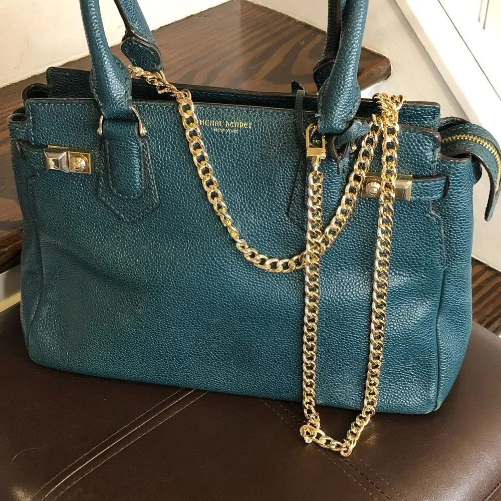 W HENRI BENDEL CARLYLE Caviar Tumbled Teal Leather Satchel Bag w Original Strap